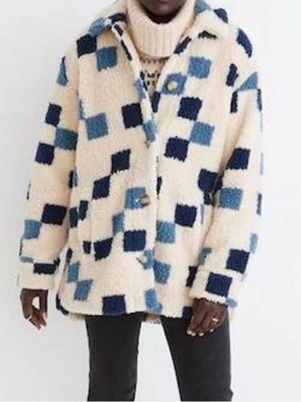 Madewell Cozy Checkerboard Sherpa Jacket - Cream & Blue size L